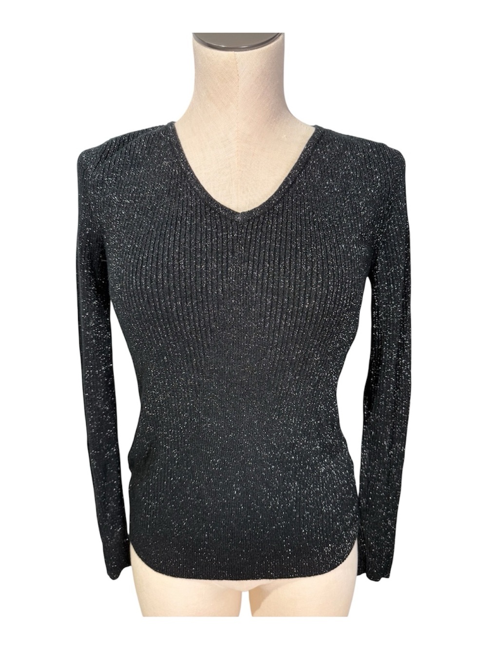 Sofia V-Neck Sparkle Ribbed Women's Sweater - Black glitter size large